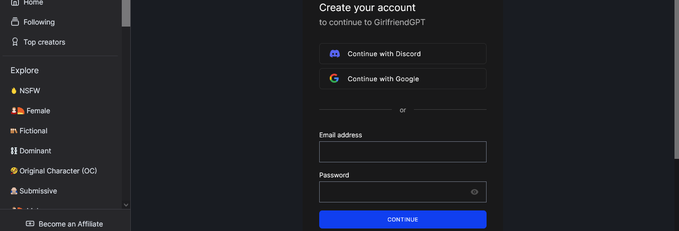 GirlfriendGPT create account
