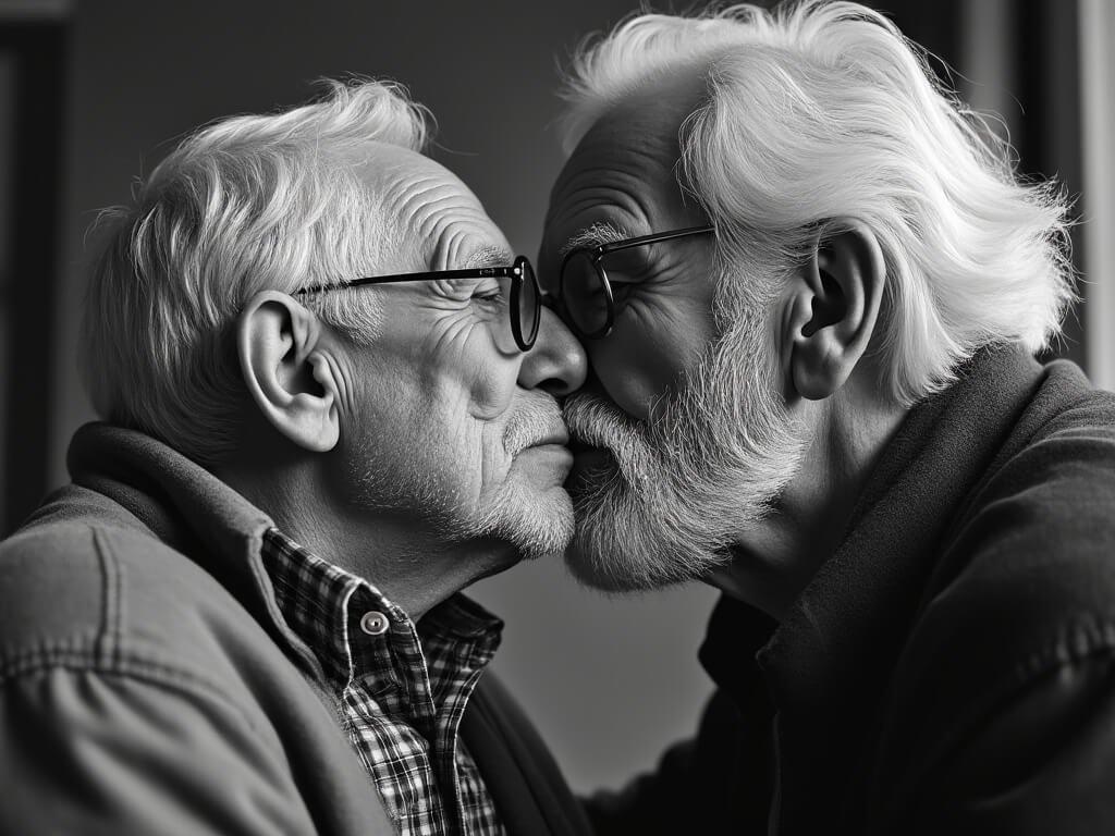 2 old men kissing "gay"